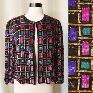 VTG 80s Papell Boutique Evening 100% Silk Sequin Beaded Mid Century Mod Jacket
